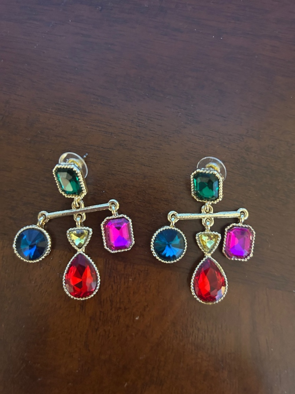Gold-Tone Multicolor Gem Drop Earrings - Red, Blue, Pink, Green